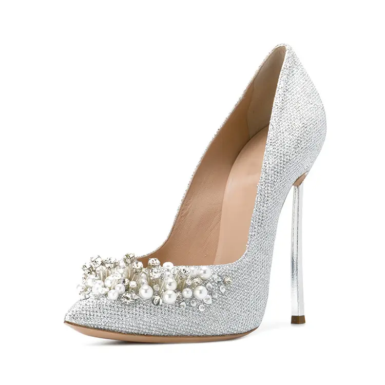 Mode Zilver Glitter Met Parels Diamante Glitter Hoge Hakken Pumps Bruids Bruiloft Vrouwen Jurk Schoenen