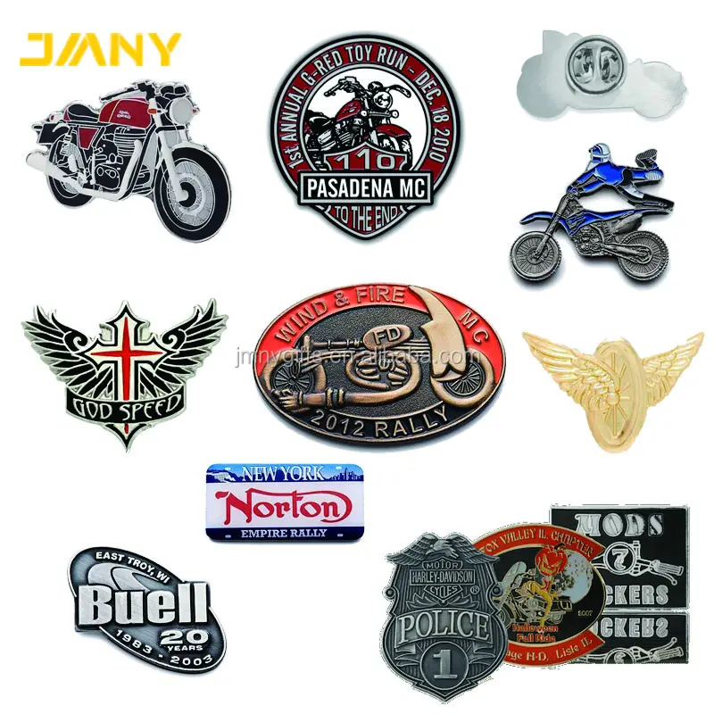 Pinos de lapela personalizados de motocicleta, fábrica, macios ou duros, esmalte de metal