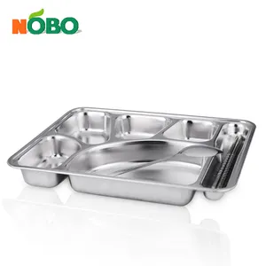 6 compartment Chinese style Eco-friendly stainless steel canteen plate food tray with chopstickchops and spoon