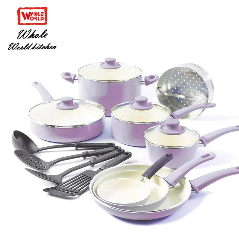 Vaporizador de cerámica para freír, olla antiadherente, juego de utensilios de cocina rosa y púrpura, color blanco