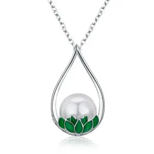 Bagreer SCN179 Parel Met Lotus Leaf Water Drop Charm Hanger Zilveren Korte Ketting Vrouwen Choker Ketting Dropping Olie Sieraden