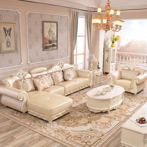 Juego de Sofás Seccionales de Esquina de Cuero Dorado y Madera de Estilo Francés de Lujo, Muebles para Sala de Estar - Product Image 6
