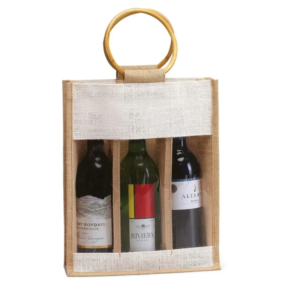 Экологически чистый джутовый пакет для 3 бутылок вина с ручками из тростника, пластиковым окошком и поставляется с вашим логотипом.