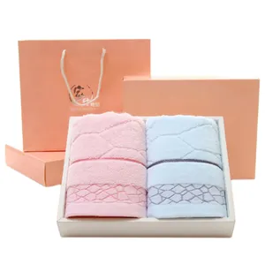 Promotionele Custom Zachte Comfortabele 100% Katoen Hand Gezicht Handdoek Sets 2 Strip Met Geschenkdoos Badhanddoek