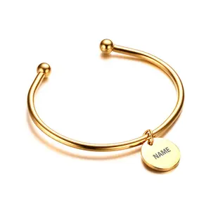 Personalized Gold Engraved Name Bracelet Round Charm Bangle For Women 18k Gold Plated Oro Chapado Brazalete