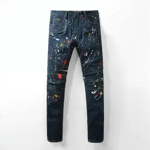 Jeans de motociclista de lobo real para hombre, pintura de dibujo coloreada rock revival, nuevo estilo, de fábrica