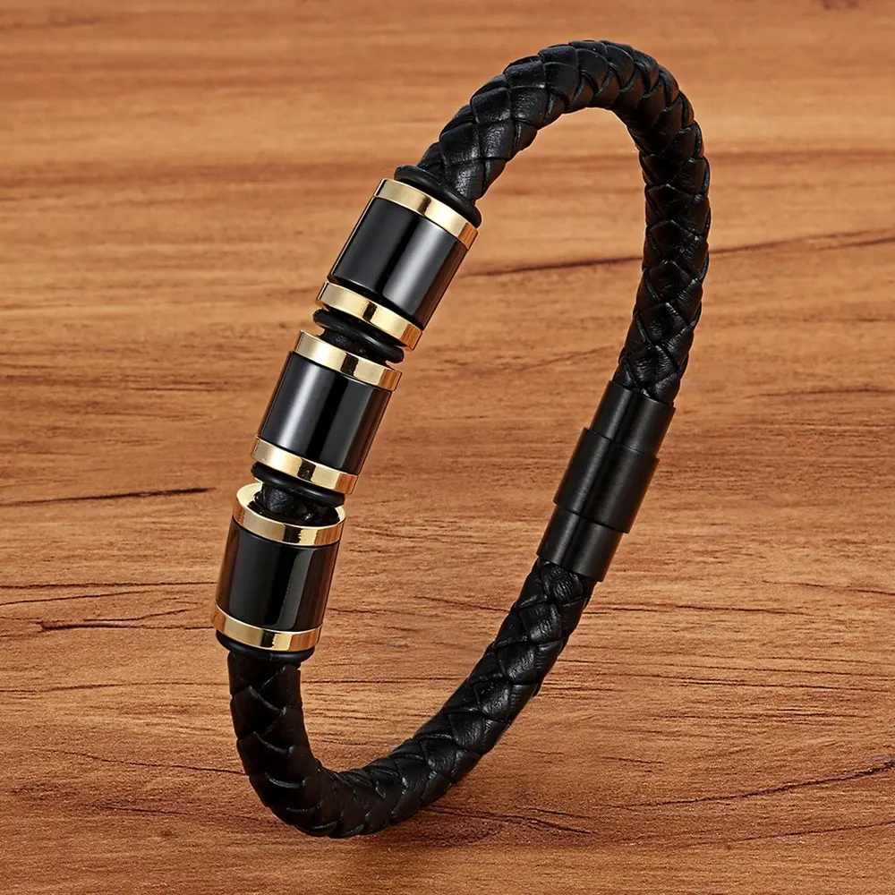 High Quality Stainless Steel Magnetic Buckle Wrap Braided Genuine Leather Bracelet Men Fashion Bead Jewelry Accessories