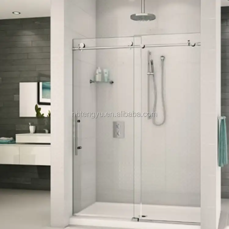 Puertas de ducha con marco negro cuadrado de vidrio pulido, puerta de ducha deslizante