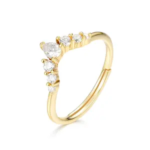 精致堆叠金CZ钻石皇冠弯曲结婚戒指925银戒指