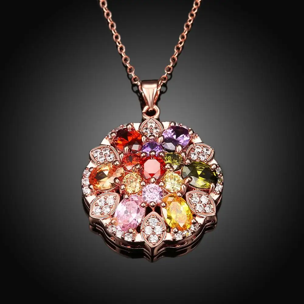 Tryme Luxury 18K Rose Gold Plated Round Pendant Necklaces with AAA Austrian Crystal Multicolor CZ Zircon Anniversary Bijouterie