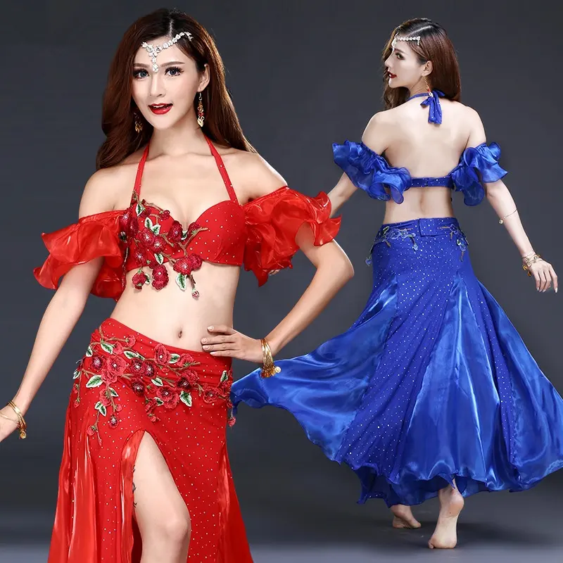 BestDance Oriental Belly Dancer Costumes Flower Bra Top and Belt Long Skirt Suit Professional Bollywood Dancing Costume