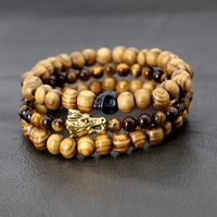 3 pcs/pack Perles en bois Tête de dragon noire Tête de dragon Perles d'oeil de tigre Bracelet en pierre naturelle Pack pour hommes et femmes