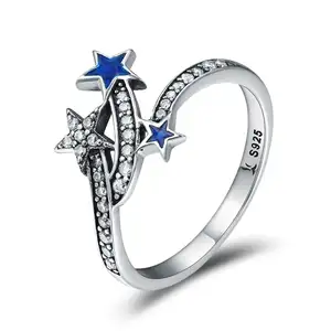 BAGREER SCR174 Fashion retro five pointed star silver pentagram sign cz stone diamond blue women ring jewelry
