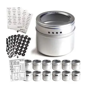 Set Wadah Kaleng Bumbu Magnetik, Peralatan Dapur Terbaru Stainless Steel Toples Bumbu dengan Label