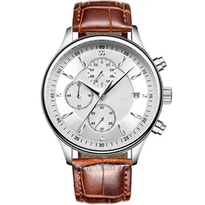 Grande taille chronographe hommes montre quartz mouvement 3ATM hommes d'affaires montre-bracelet en cuir ceinture horloge à main avec fenêtre de date