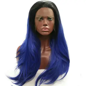 Dài Sapphire Blue Ombre 1B # Gốc Màu Đen Chịu Nhiệt Sợi Tóc Tự Nhiên Straight Dark Blue Lace Wigs Tổng Hợp Front