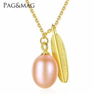 Pag&Mag 45cm Silver Chain&Elegant Leaf Shape Party Gift 925 Classic Special Design 7-8mm Natural Pearl Pendant Necklace