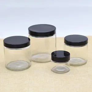 Verschillende Maten Rechte Zijdig Glas Cilinder Pot Met Zwarte Plastic Deksel Clear Bloem Thee Gedroogd Fruit Snack Opslag Jar