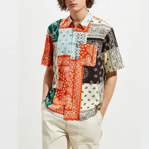 新款设计压抑丝缎夏季夏威夷男士衬衫批发定制男士格子色块衬衫 2019