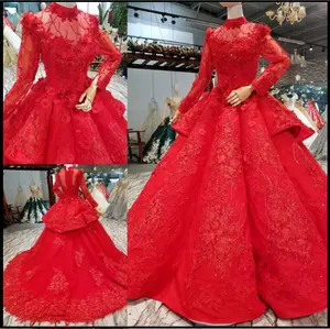 Middle East High Neck Lace A Line Red Wedding Dress With Sleeves