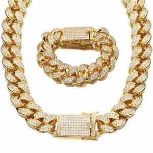 18mm Iced Out Full Cubic Zircon Lock Gold Silver Plated Miami Cuban Link Chain for Men