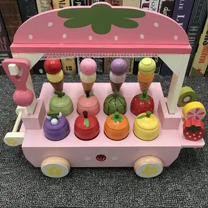 Mini camion à crème glacée en bois, jouet de cuisine, pièces, jeu de simulation pour bébé, camion à crème glacée, fraise, jouet