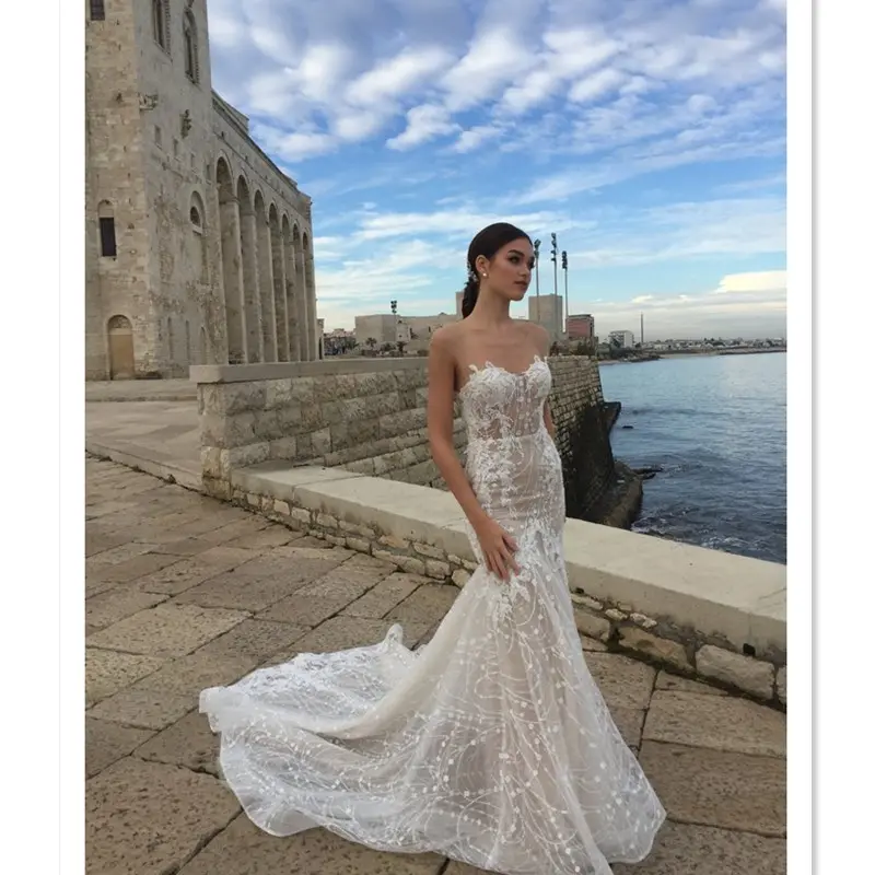 2019 new collection court train strapless sweet heart low open back mermaid wedding dresses bridal gowns vestido de novia