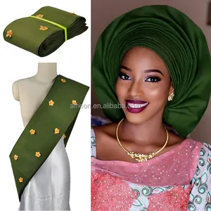 AS012 Queency Hot New Products Nigerian Gele Fabric Swiss Mode Asoke Headtie for African in Armygreen with Beads