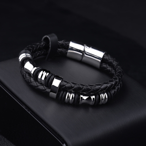 Punk estilo hombres joyería de cuero <span class=keywords><strong>del</strong></span> grano <span class=keywords><strong>del</strong></span> acero inoxidable accesorios Cierre magnético trenzado pulsera de cuero Doble - Product Image 2