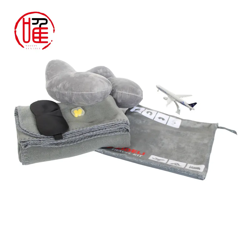 Kit de viaje con logotipo personalizado, incluye máscara para los ojos/almohada inflable/tapón para los oídos/Manta 4 en 1, conjunto de almohada de viaje para avión