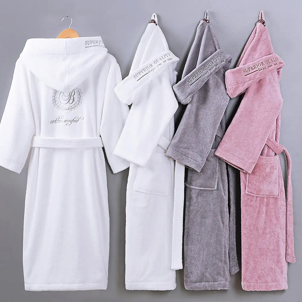 Promotional Women Terry Towelling Bathrobes 100% Cotton Luxury Terry Bathrobe with Hood White Men Woven Terry Fabric Robes