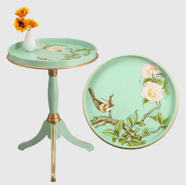 Table basse en verre massif peint à la main avec motif Floral et oiseau, support en bois massif de style rétro Antique, petite Table basse pour le salon, modèle BF05- FH004