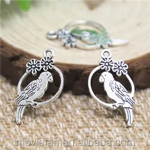 parrot charms Antique silver tone parrot with flower Charm Pendant 15x28mm