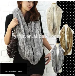 YR-012 Genuine rabbit fur knitted snood scarf/ hot sale new design knit fur scarf/ snood