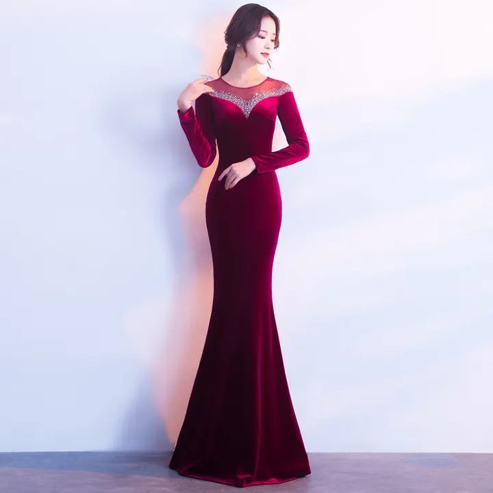 1209# Hot islamic velvet V backless mermaid evening prom dress