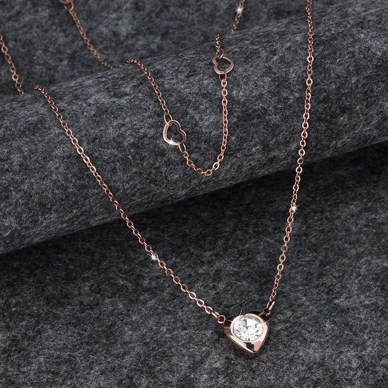 Stainless Steel Cubic Zirconia Heart Pendant Double Layered Necklace With Factory Direct Sale Price