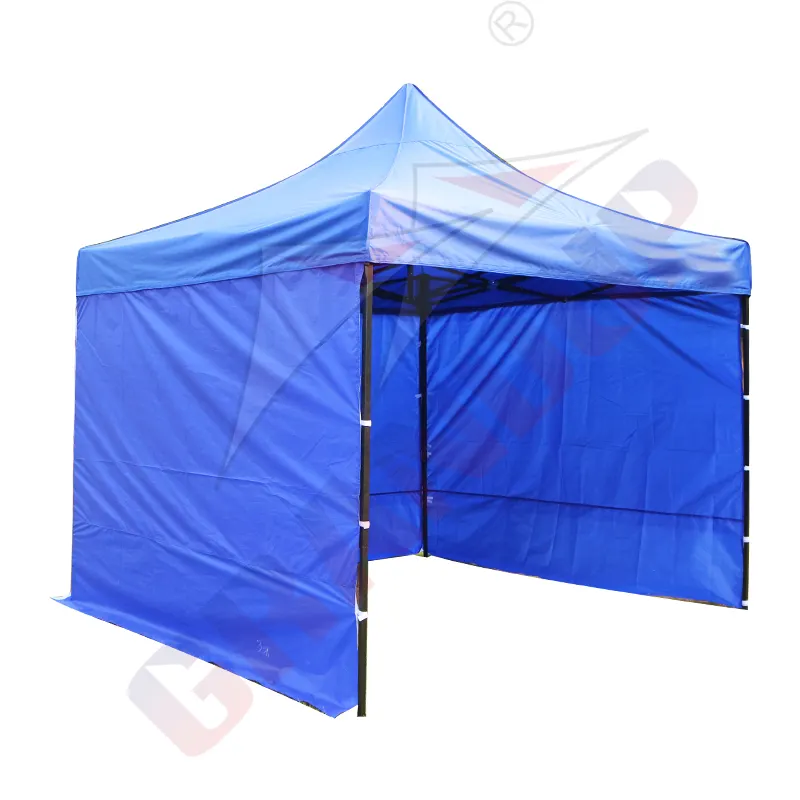 blue 3mX3m gazebo with 4 solid walls and 1 half wal
