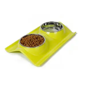 Çift köpek kedi kaseler yüksek kaliteli paslanmaz çelik evcil hayvan kaseleri ile dökülme reçine İstasyon Pet gıda su besleyici