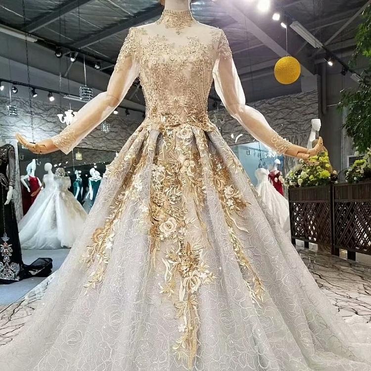 855111 Long Sleeves High Neck Wedding Dress 2018 Golden Embroidered Fabric  Vestido de noiva Sweep Train Princess Wedding Dress| Alibaba.com