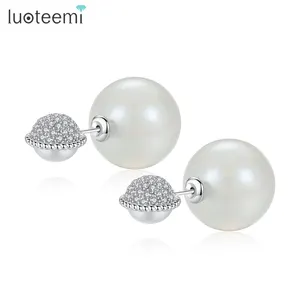 LUOTEEMI Double Pearl Stud Earrings for Women Tiny CZ Paved White and Pink Imitation Pearl Trendy Earrings