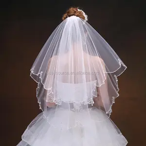 الجملة مطرز تقليم طرحة زفاف اثنين من طبقات قصيرة الحجاب اليدوية الحجاب الزفاف