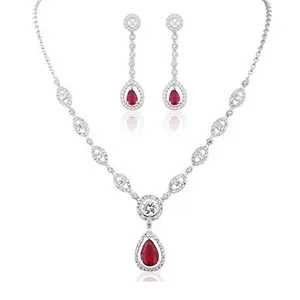 Classic Bridal Jewelry Sets Crystal Ruby CZ Diamond 925 Silver Necklace Earrings Set for Women Wedding Jewellery