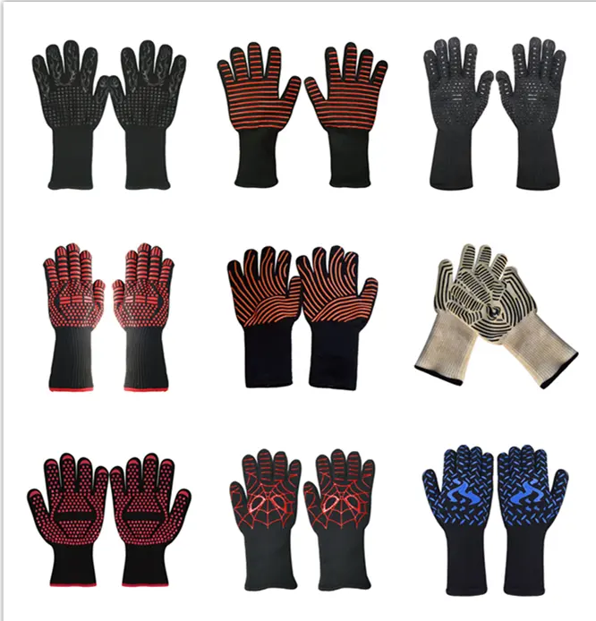Amazon hot sale 500 C 932F degree 2 Layers Silicone printed Heat Resistant Gloves Oven baking Grilling BBQ Kitchen Long cuff