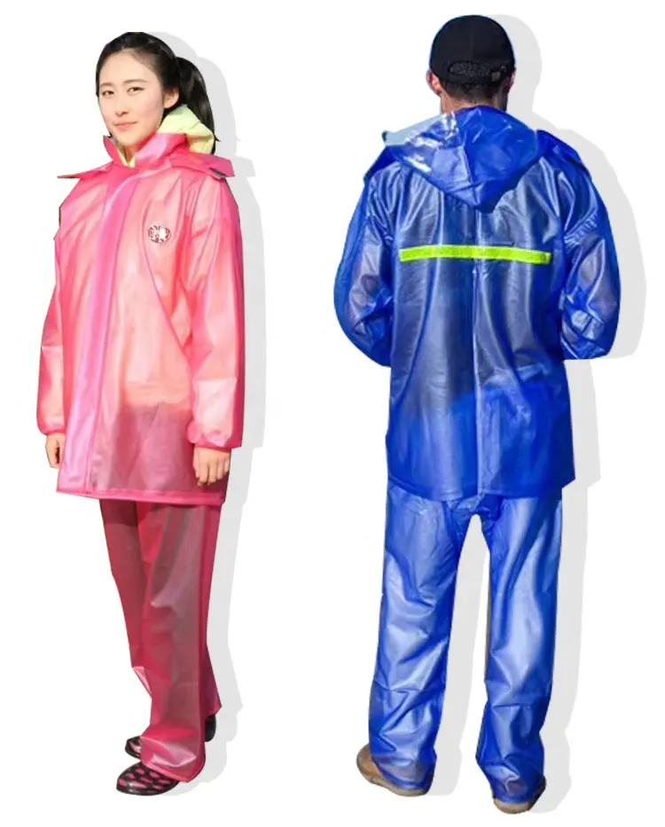 100% waterproof PVC film raincoat with reflective stripe women rain jacket with hood