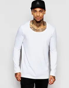 Белая футболка с глубоким круглым вырезом для мужчин, длинная футболка с длинным рукавом
