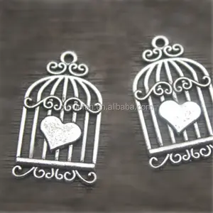 Antique Silver Vintage Love Hearts Birds Cages Charms Pendants 33x20mm