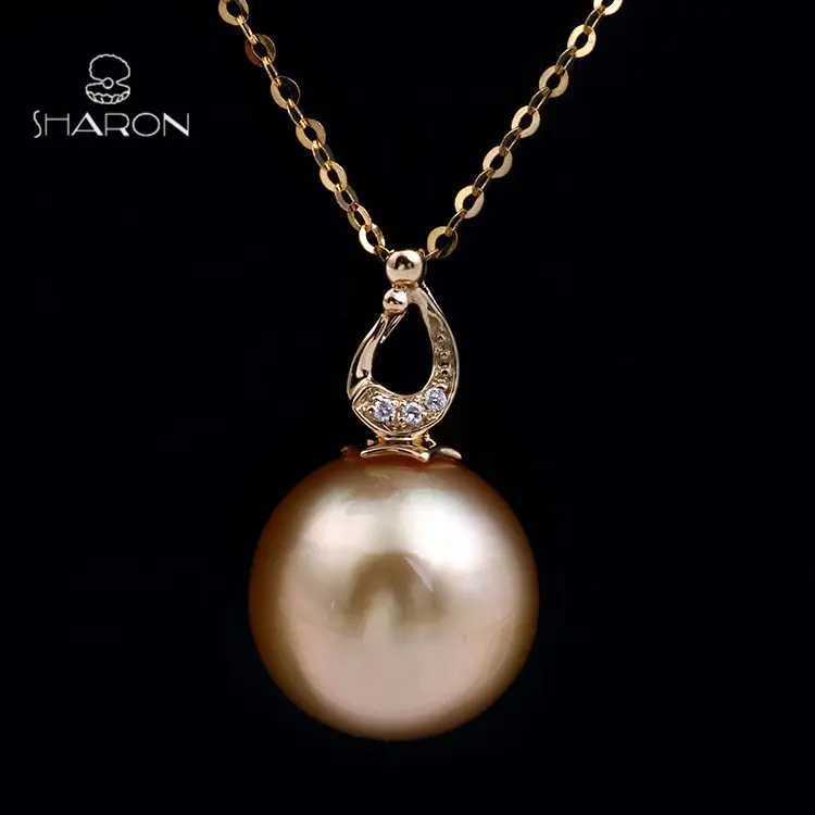 Fashion Design 10-12ミリメートルNatural Cultured Golden South Sea Saltwater Pearl PendantとDiamond 18K Gold Necklace Jewelry