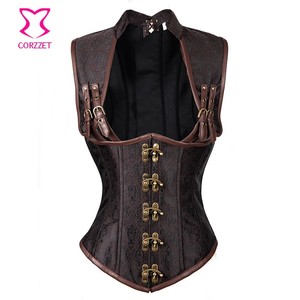 Vintage Brown Underbust Collared <strong>Cupless</strong> Steampunk Half Cup Bustier Gothic Waist Cincher <strong>Corset</strong> - Product Image 4