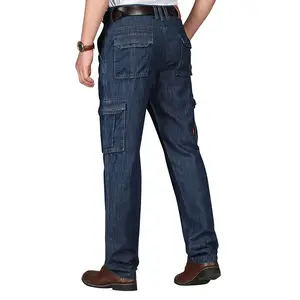 Los vaqueros rectos para hombre de tamaño grande regular añadir logo más bolsillos para el trabajo personalizado yulin OEM jeans