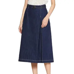 Factory price hot sale belted cotton casual relaxed women denim skirts